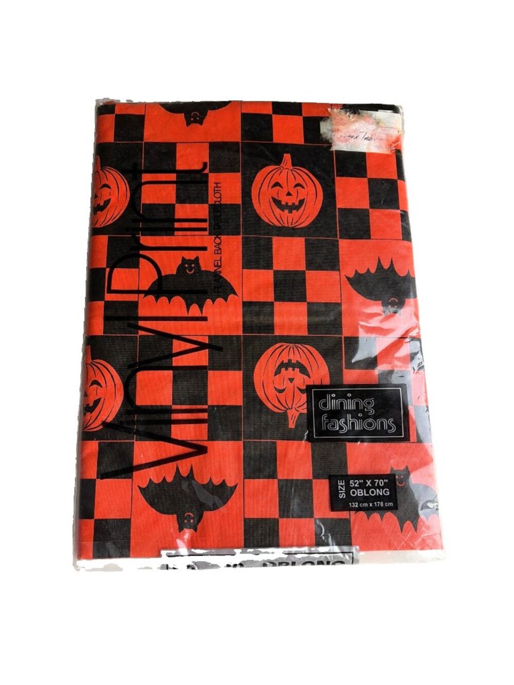 Vintage Halloween Flannel Backed Vinyl Tablecloth Pumpkins Bats Rectangle 52x70”